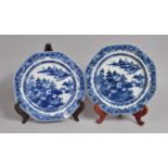 A Pair of 18th/19th Century Chinese Blue and White Octagonal Export Plates, Decorated with Village