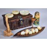 A Wicker Basket Containing Various Items including Turned Onyx Eggs, Bowls, Ash Trays together