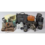 A Collection of Vintage Cameras, Telescopic Lens, Bausch and Lomb Binoculars, Solar 3 Slide Viewer