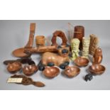 A Collection of Carved Wooden Souvenirs to Include Dragon Boat, Tankards, Vases etc
