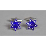 A Pair of Silver and Blue Enamelled Star of David Cufflinks 1.5cms Wide Max