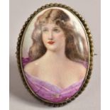 A Early 20th Century Continental Silver Mounted Brooch, Hand Painted Portrait on Porcelain of a