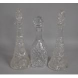 Three Cut Glass Decanters to include Matching pair of Cordial Example of Tapered Form and Having