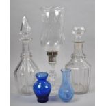 A Collection of Various Glassware to comprise two mallet Decanters, Hurricane Lamps, Two Studio