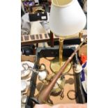 A Brass Table Lamp, Copper Coaching Horn and Three Branch Light Fitting