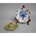 An Early French Faience Blue and White Small Plate Together with an Faience Inkwell With Lid on
