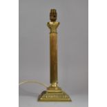 A Brass Table Lamp in the Form of a Ribbed Corinthian Column on Stepped Base, 38cm High