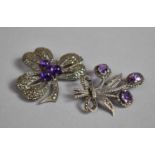 Two Nice Quality Silver and Marcasite and Amethyst Brooches, One Clover Shaped Example with