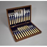 An Edwardian Mahogany Case Set of Twelve Fish Knives and Forks with Bone Handles