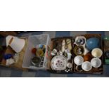 Four Boxes of Sundries to Include Kitchen Glassware, Table Lamps, Hot Water Bottles, Planters,