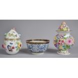 A Continental Porcelain Floral Encrusted Egg, Coalbrookdale Style Floral Encrusted Vase by