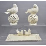 A Creamware Rectangular Tray with Bird Mounts and Two Bird and Globe Ornaments