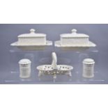 Two Creamware Butter Dishes and a Two Part Cruet Set