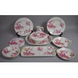 A Set of Aluminite Frugier Limoges Pink Toile Oven to Table wares Decorated with French Horns,