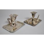 A Pair of Silver Plated Bedchamber Sticks with Snuffer, One Handle AF, Rectangular Trays 16.5cm Wide