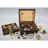 A Wooden Workbox with Removable Tray Containing Sundries to Include Kit Bag Clip, Coins, Pewter