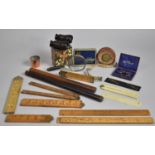 A Collection of Curios to Include Opera Glasses, 19th Century and Vintage Stationery, Roller Rulers,