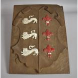A Vintage Oak Carved Panel in the Form of Heraldic Shield with Lions and Fleur De Lys, 40.5x30.5cm