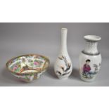 A Late 20th Century Chinese Famille Rose Bowl Together with Two Vases to Include Calligraphy