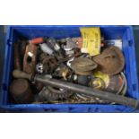 A Box Containing Vintage Tools and Sundries, Brass Toasting Fork, Brass Garden Spray etc