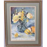 A Framed Watercolour Still Life, Orange and Vase of Flowers, 27x37cm