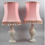 A Pair of White Onyx Table Lamps with Pink Shades, Overall Height 56cm