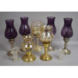 A Collection of Various Glass and Brass Hurricane Lamps etc