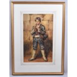 A Framed Continental Watercolour Depicting Young Man Playing Musical Instrument, 23cmx39cm