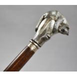 A Silver Collard Walking Cane with Novelty Silver Resin Handle in the Form of Cat on Tree Trunk