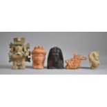 A Collection of Terracotta Mask Ornaments, Carved Stone Egyptian Pharaoh, Mexican Figure etc