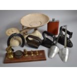 A Collection of Vintage Sundries to Include Kitchen Scales, Flatirons, Hip Flask, Shoe Stretchers,