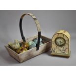 A Wooden Flower Trug Containing Floral Decorated Mantle Clock and a Collection of Ceramic Balls,