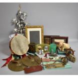 A Collection of Sundries to Include Vintage Tamborine, Cymbals, Carved Elephant etc
