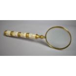 A Reproduction Long Handled Brass and Mother of Pearl Magnifying Glass, 34.5cm Long