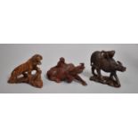 Two Carved Oriental Water Buffalo Ornaments and a Carved Tiger on Rock, 16cm Long