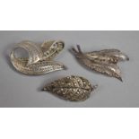 Three Silver Brooches in the Form of Filigree Leaves, various Stamps Including 935, 925 and Mark