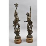 A Pair of French Bronzed Spelter Figures on Turned Wooden Socles, One AF, 49cm High