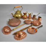 A Collection of Various Metalwares to include Copper Jelly Moulds, Warmer, Jug, Brass Teapot Etc