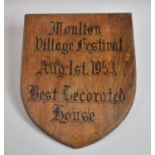 A Mid 20th Century Oak Shield, Inscribed Moulton Village Festival August 1st 1953 for Best Decorated