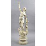 A French White Painted Spelter Figure Representing Industry on Circular Socle, Missing Torch, 63cm