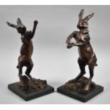 A Pair of Reproduction Bronzed Metal Figures of Boxing Hares, On Square Marble Plinth Bases, 29cm