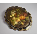 A 19th Century Papier Mache Tray of Oval Form with Scalloped Edge Painted with Flowers, Plums,