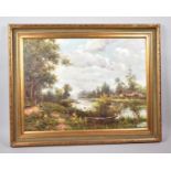 A Very Large Gilt Framed Oil on Canvas, River Scene by Thomas Phillips, 100x74cm