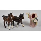 A Beswick Shetland Foal, Brown Foal and a Continental Figural Spill Vase