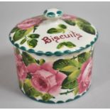 A Wemyss Cylindrical Biscuit Barrel with Rose Decoration, Lid with Loss