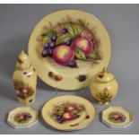 Six Pieces of Aynsley Orchard Gold to Comprise Two Lidded Vases, Large Plate, Dishes, Cake Plate Etc