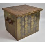 An Arts and Crafts Brass Coal Box with Faux Lattice Leather Top and Barley Twist Carrying Handles,