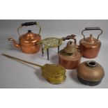A Collection of Various Metalware to comprise Copper Kettle, Brass Trivet with Wooden Handle Etc