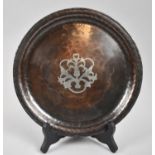 A Handcrafted Hugh Wallis Copper and Pewter Copper and Pewter Inlaid Circular Tray with Makers Stamp