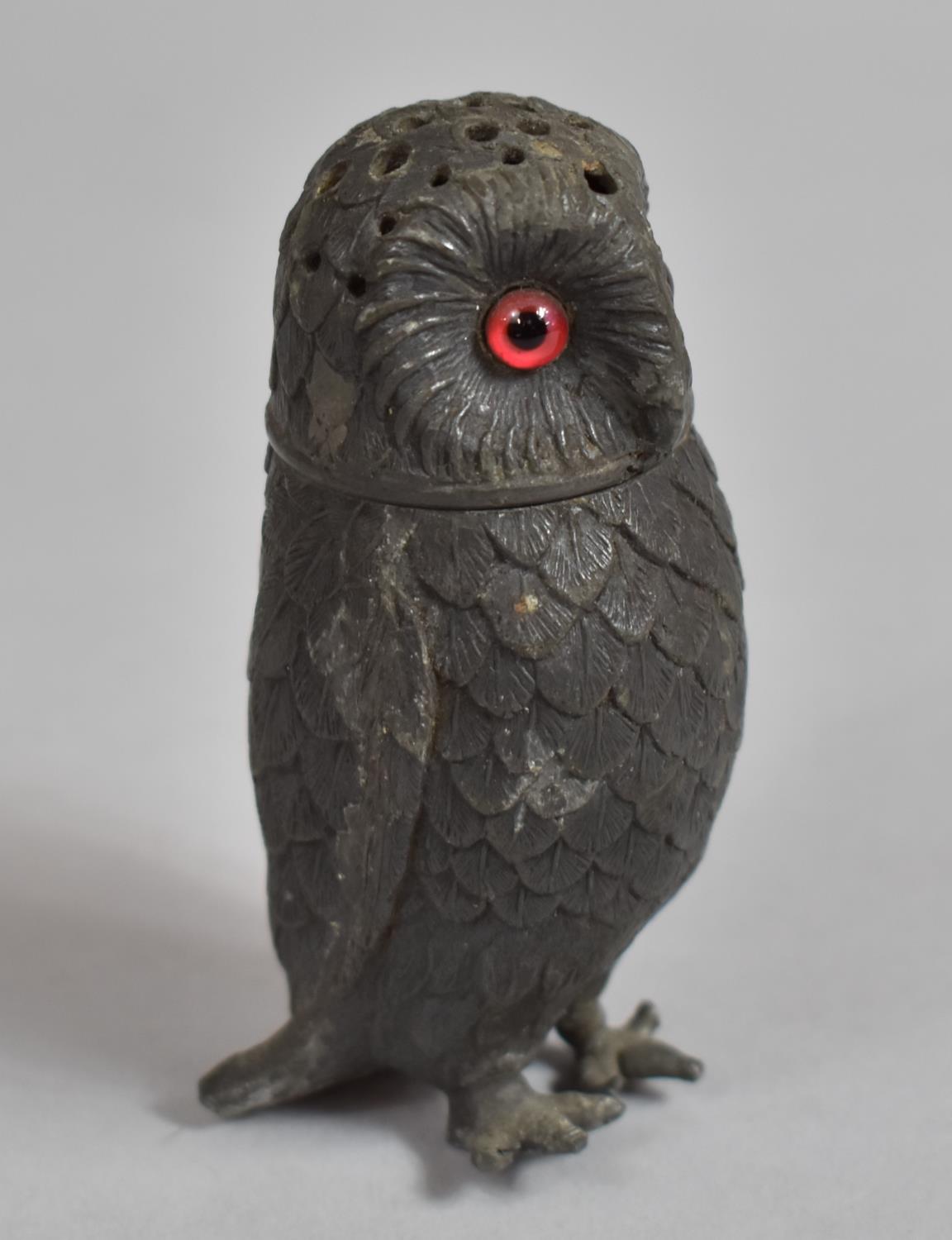 A Novelty Pewter Pepper Pot Modelled as an Owl with Glass Eyes, 10cm high - Image 2 of 3